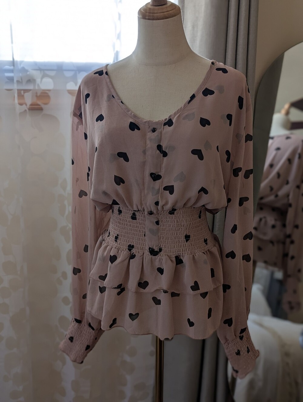 Shein Women’s Size 3XL Mauve Pink Heart Print Smocked Waist Sheer Blouse